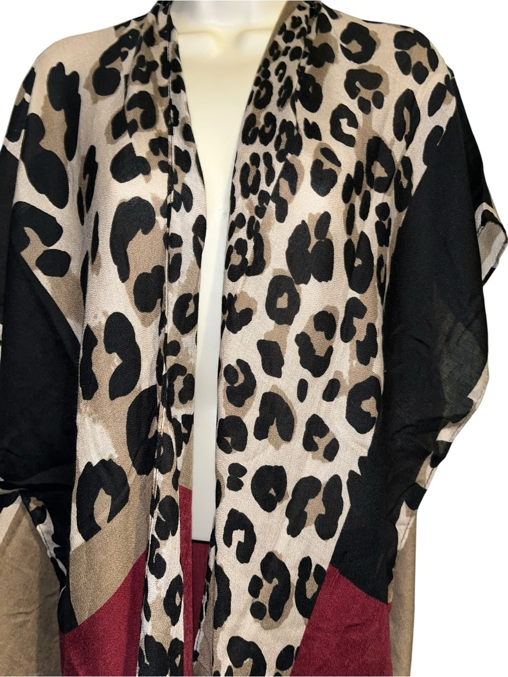 Origami  Free Size Leopard Print Colorblock Duster - Beige, Black & Burgundy - Picture 4 of 6